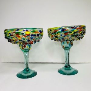 Set/2 Pebble Confetti Finish Margarita Glasses Hand Blown